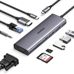 Док-станція USB3.1 Type-C --> HDMI/VGA/USB 3.0х3/RJ45/SD/TF/PD/3,5мм TRRS 100W 10-in-1 CM498 Ugreen - мініатюра 2