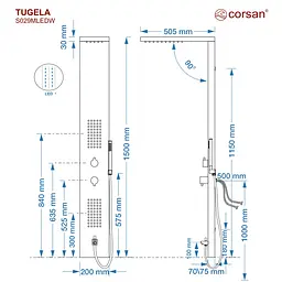 Душова панель Corsan Tugela black LED з виливом S029MBLLEDW, Чорний матовий - мініатюра 6