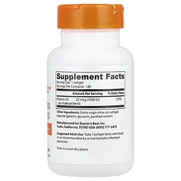 Вітамін D Vitamin D3 25 mcg (1,000 IU) 180 капсул Doctor's Best vit0006419 - мініатюра 2
