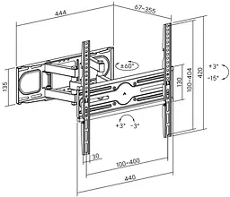 Кронштейн для ТВ AGN AGN70-442P з поворотом/два коліна/32"-70"/40 кг/max.VESA 400x400/Чорний - мініатюра 10
