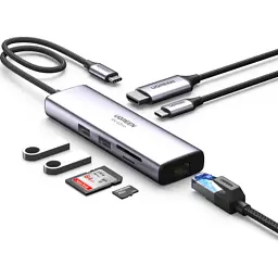 Концентратор Ugreen USB3.1 Type-C to HDMI/USB 3.0x2/RJ45/SD/TF/PD 100W CM512 (60515) - мініатюра 3