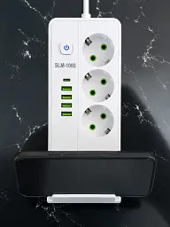 Мережевий фільтр SLM-1080 7 м 2500W з 3 розетками, 4 USB, USB-C та бездротовою зарядкою, білий - мініатюра 4