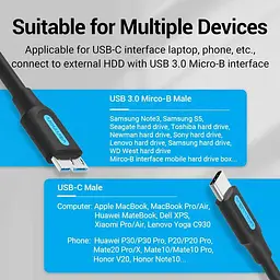 Кабель Vention USB 3.0 C Male to Micro-B Male 2A Cable 0.5M Black (CQABD) - мініатюра 8