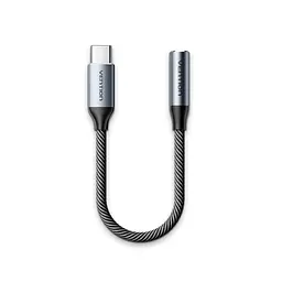Аудіоадаптер Vention зі штекера USB-C на гніздо 3,5 мм з ЦАП DAC 16 біт 48 кГц з підтримкою дзвінків через гарнітуру TRRS з підтримкою пульта гарнітури залежно від телефона для навушників TRS та гарнітур OMTP і CTIA з бавовняним обплетенням кабелю з кабелем 0,15 м сірий (BIMHB)