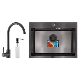Набір кухонна мийка зі змішувачем та дозатором Mixxus SET-6045-200x1.0-PVD MX0587, Чорний матовий