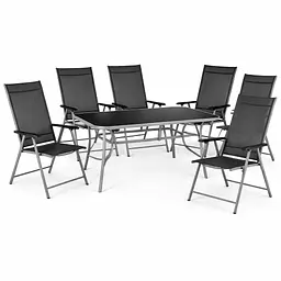 Комплект садових меблів 4Points Taormina-6 з прямокутним столом 150х90х70см з чорною скляною стільницею і сірим каркасом + 6 розкладних стільців з сірим каркасом - мініатюра 1