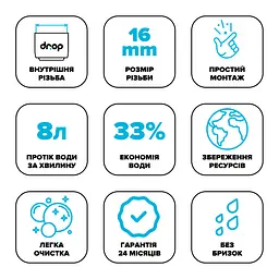 Водозберігаючий аератор Drop SP16E-F для змішувача - Економія 33%, 8 л/хв, внутрішня F 16 мм - мініатюра 7