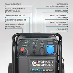 Konner & Sohnen Генератор газобензиновий інверторний KS 8100iEG 1/3, 230/4000В, 8-8.5кВт, електростартер, 68кг - мініатюра 3