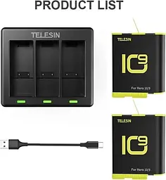 Зарядний пристрій Telesin 3 Slots Battery Charger + 2 акумулятори для Hero 9/10 GP-BTR-903 [76676] - мініатюра 7