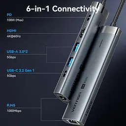Док-станція USB3.2 Type-C - HDMI/USB 3.0x2/RJ45/PD 100W Hub 6-in-1 Vention (TGNHB) - мініатюра 7
