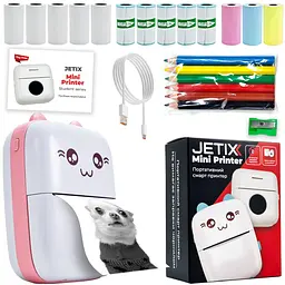 Bluetooth термопринтер JETIX Mini printer Pink з набором олівців і термопаперів у комплекті