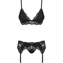 Мереживний комплект білизни Obsessive 810-SEG-1 L/XL Black, бюстгальтер, стрінги, пояс для панчіх