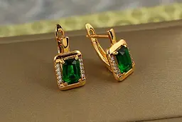 Сережки Xuping Jewelry фейлетон із зеленим каменем 1,5 см золотисті - мініатюра 2