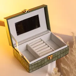 Скринька для прикрас з екошкіри 3 відділення з дзеркалом 16×10×6 см органайзер для прикрас Зелений Yiwu HP-5-18GR - мініатюра 2