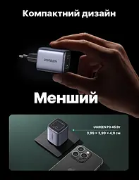 Мережевий зарядний пристрій UGREEN Nexode CD294 адаптер живлення 2 порти USB-C до 45 Вт сірий (90573) - мініатюра 4