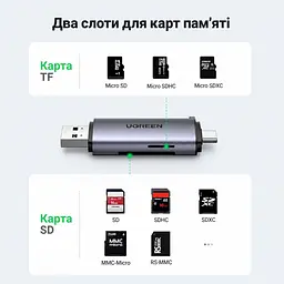 Кардридер UGREEN CM185 зі штекерами USB-A та USB-C для одночасного читання SD і microSD інтерфейс USB 3.0 до 5 Гбіт/с передавання даних із карт приблизно 100 МБ/с для смартфонів і планшетів із USB-C та підтримкою OTG без драйверів для Windows macOS і Linux сумісний також із ChromeOS та iPad із USB-C із пружинним виштовхуванням microSD з ремінцем для носіння темно-сірий (50706) - мініатюра 3