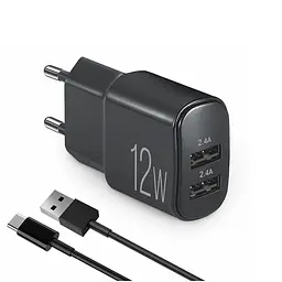 Мережевий зарядний пристрій Brevia ePower 12W 2xUSB-A + кабель USB-A to USB-C 1м чорний(45012DUCB)