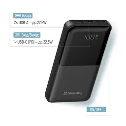 Універсальна мобільна батарея 10000 mAh, Black, 22.5 Вт ColorWay teh0027618 - мініатюра 4