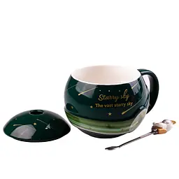 Чашка керамічна Happy Life Космонавт з кришкою та ложкою зелена 400 мл HP877GR - мініатюра 2