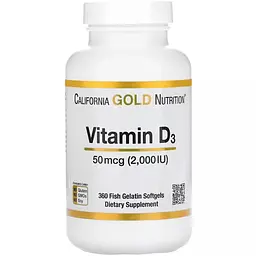Вітамін D3 California Gold Nutrition Vitamin D3 50 мкг 360 желатинових капсул