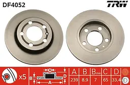 Диск гальмівний невентильований VW Golf IV, Bora, Audi TT, A3, Skoda Octavia I 96-13р TRW (DF4052)