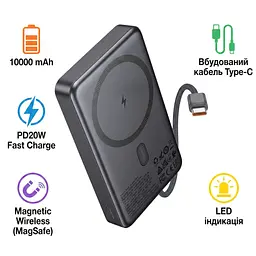 Батарея універсальна HOCO 10000 mAh Origen Dual PD/20W Magnetic with cable Type-C Metal Gray (Q44 / 714983) - мініатюра 3