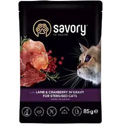 Вологий корм для стерилізованих котів Savory шматочки ягняти з журавлиною в соусі 85 г