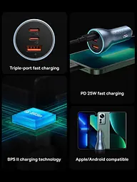 Автомобільний зарядний пристрій Baseus Golden Contactor Pro Triple Fast Charger Car Charger 65W U+C+C Dark Gray [CGJP010013] [77944] - мініатюра 14