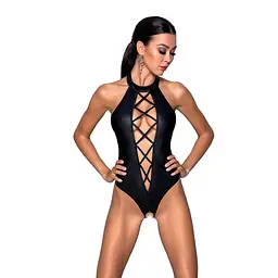 Боді з еко-шкіри з імітацією шнурівки та відкритим доступом Passion NANCY BODY XXL/XXXL, black - мініатюра 1