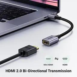 Кабель Ugreen Mini HDMI штекер to HDMI 2.0 роз'єм 4K 60Hz 25CM Space Gray Aluminum Shell Braided (90593) - мініатюра 5