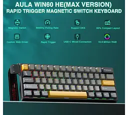 Клавіатура ігрова механічна AULA WIN-60 HE-Max Black-Grey-Yellow Magnetic switch ENG/UKR - мініатюра 6