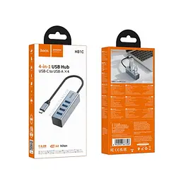 USB HUB HOCO HB1C 4-in-1 converter(Type-C to USB3.0x4) Metal сірий - мініатюра 2