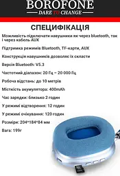 Навушники бездротові Borofone гарнітура BO22 сині - мініатюра 6