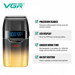 Електробритва VGR V-308 шейвер, подвійне лезо, 9000 RPM, LED-дисплей Золотий - мініатюра 3