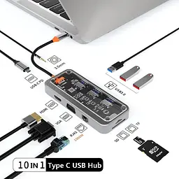 USB type C HUB 10 in 1 PD100W 4K 30 Гц RJ45 USB 3.0 10 Гб/с - мініатюра 2