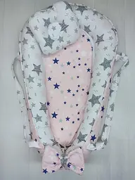 Позиціонер для новонародженого кокон, babynest з ручками, зі знімним дном + подушка BST Зірочки Сіро-рожеві