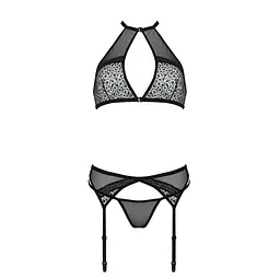 Комплект білизни Passion Satara Set L/XL, топ, пояс для панчіх, стрінги, чорний - мініатюра 3