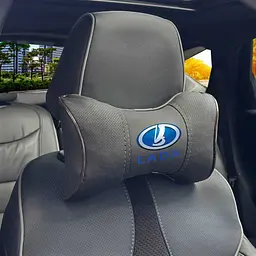 Подушка на підголівник з логотипом Lada Екошкіра 3D Кольоровий лого Чорна-Коричневий кант 1 шт
