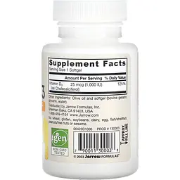 Вітамін D3 Jarrow Formulas 25 мкг 1000 МО 100 капсул - мініатюра 3