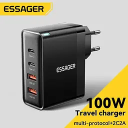 Потужний Зарядний Пристрій 100W з Кабелем Essager GaN2 Pro QC PD 20V 5A Зарядка 100 Вт Блок живлення Type c Зарядка 100W