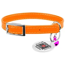 Нашийник для котів Waudog Glamour шкіряний з еластичною вставкою та QR паспортом 22-30х0.9 см помаранчевий