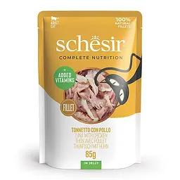 Вологий корм для котів Schesir Tuna and Chicken Шезір тунець з курячим філе в желе натуральні консерви пауч 85 г (171016)