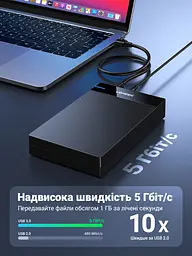Зовнішній корпус для HDD/SSD UGREEN US222 3,5″ та 2,5″ бокс для накопичувачів SATA III підключення до ПК через USB 3.0 Type-B до 5 Гбіт/с для дисків до 16 ТБ висота диска 3,5″ до 26 мм та 2,5″ до 9,5 мм з підтримкою UASP з кнопкою ввімкнення та вимкнення з автоматичним режимом сну зі світлодіодним індикатором роботи встановлення диска без інструментів з адаптером живлення в комплекті з кабелем USB-A ↔ USB-B 3.0 довжиною 1 м чорний із синім акцентом (50422) - мініатюра 5