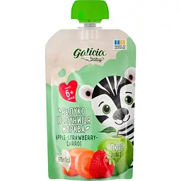 Упаковка натурального яблучно-полунично-морквяного пюре Galicia Baby 540 г (90 г x 6 шт.) - мініатюра 2