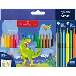Фломастери Faber-Castell Динозавр 18 кольорів + 3 металика + 3 неонових + наклейки у картонній коробці (32963)