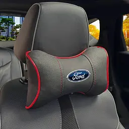 Подушка на підголівник з логотипом Ford Екошкіра 3D Кольоровий лого Чорна-Червоний кант 1 шт