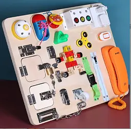 Бізіборд деревяний Play Smart C 64841 підсвічування, рухливі елементи, спінер, дзвінок, телефон, замочки, шнурівка - мініатюра 3
