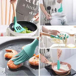 Набір кухонного приладдя Kitchen Set 12 предметів, силіконовий бірюзовий, з дерев’яними ручками - мініатюра 4