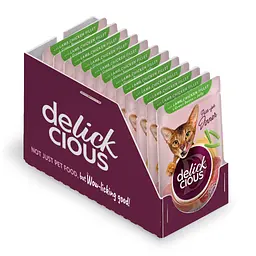 Вологий корм для кішок Delickcious Шматочки з ягнятиною, курячим філе і квасолею спаржевою в желе 85 г (4820269143128) - мініатюра 2