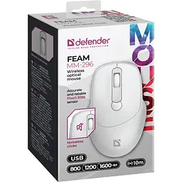 Мишка Defender Feam MM-296, бездротова, 4кн. до 1600 dpi, безшумна, біла - мініатюра 4